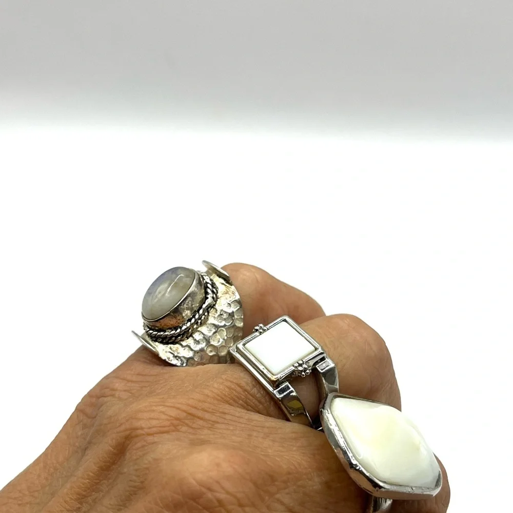 Three Silver Tone Rings with White/Opalescent Stones - Stackable Set